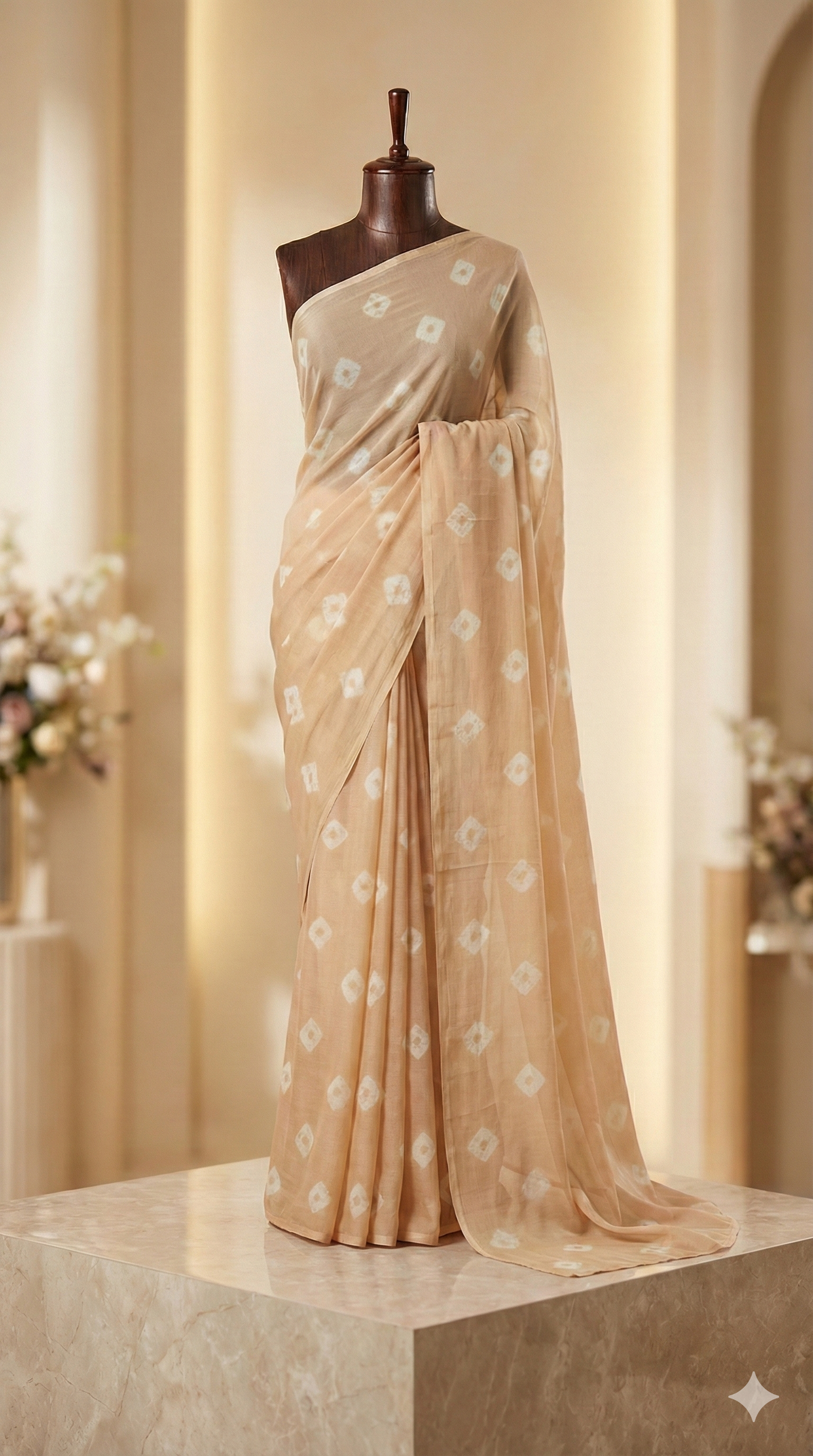 Beige Chiffon Saree with Diamond Print - Comes with Blouse