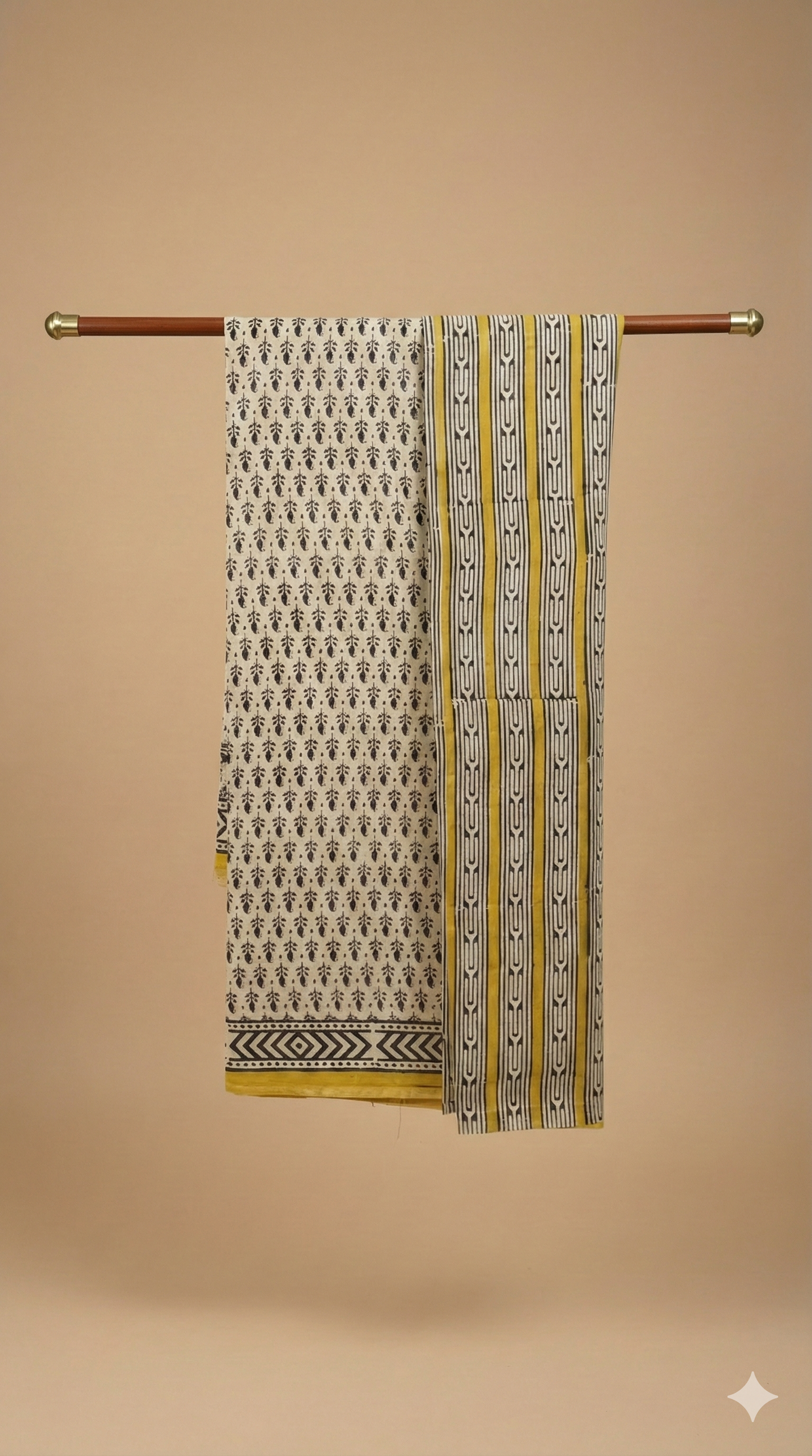 Cream Hand Block Printed Cotton Saree with Tribal Motifs and Mustard Striped Pallu - Comes with Blouse