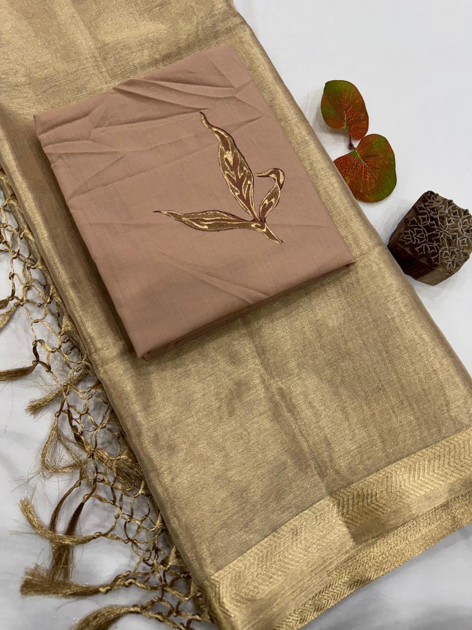 Elegant Golden Tissue Silk Saree with 2 Blouse Pieces - Matching Silk Blouse & Beige Leaf Print Blouse