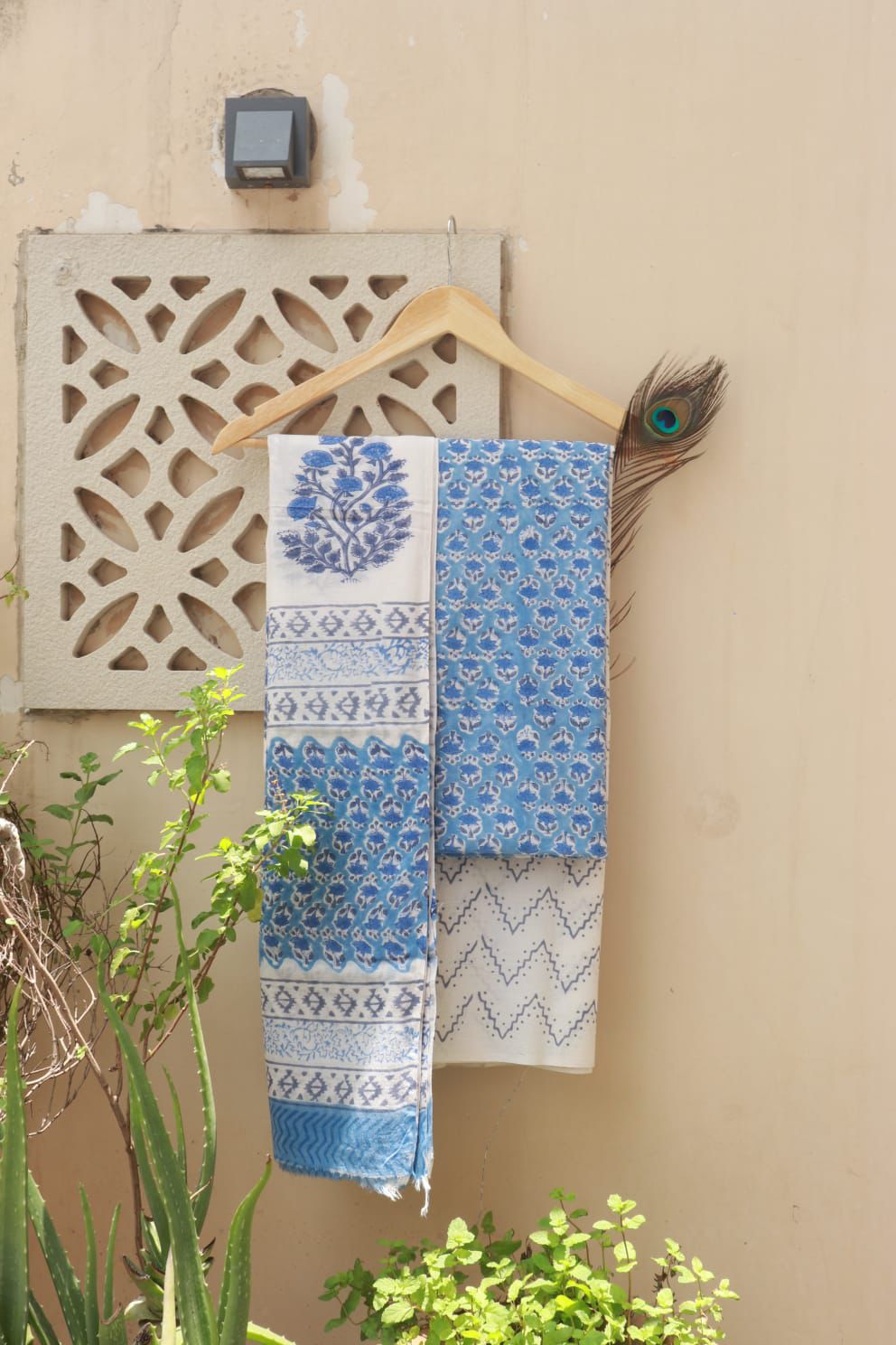 Sky Blue Floral and Indigo Geometric Hand Block Printed Cotton Suit with Dupatta