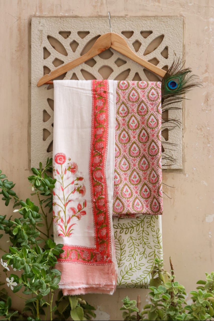 Scarlet Blossom and Peach Floral Hand Block Printed Cotton Suit with Dupatta