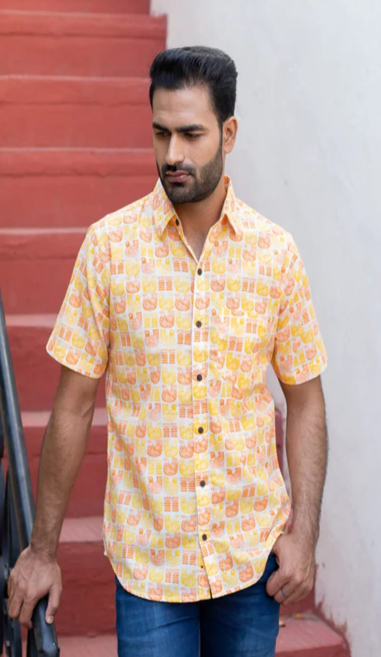 Cream Yellow Paisley Hand Block Printed Cotton Shirt