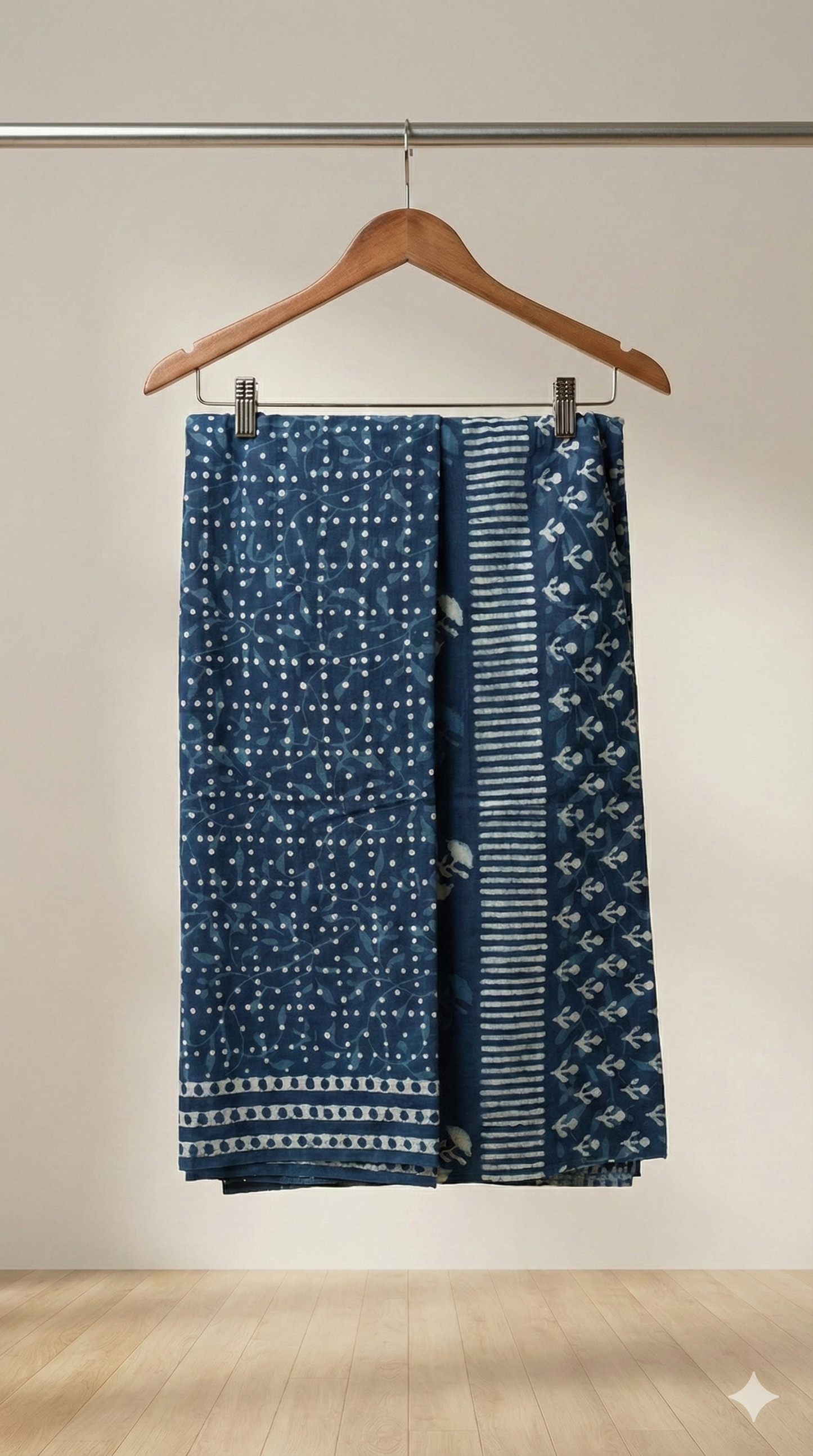 Indigo Blue Hand Block Printed Cotton Saree with Polka Dot Pattern and Striped Pallu - Comes with Blouse