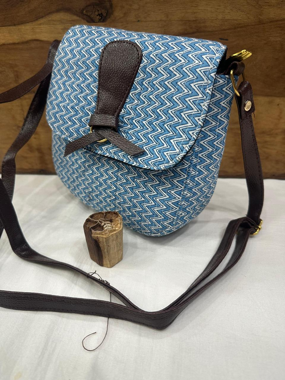 Jaipuri Hand Block Printed Sling Bag - Blue White Chevron Pattern with Brown Trim