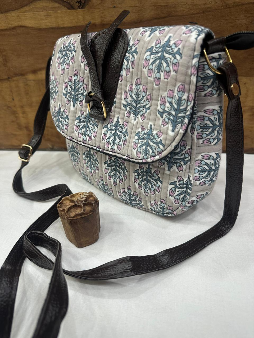 Jaipuri Hand Block Printed Sling Bag - Cream Green Pink Floral Tree Pattern with Black Trim