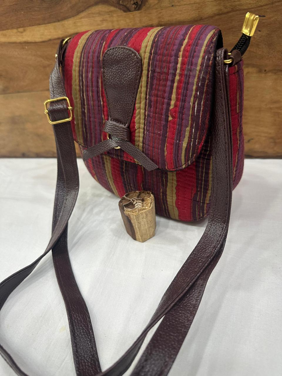 Jaipuri Hand Block Printed Sling Bag - Maroon Multicolor Striped Pattern with Brown Trim