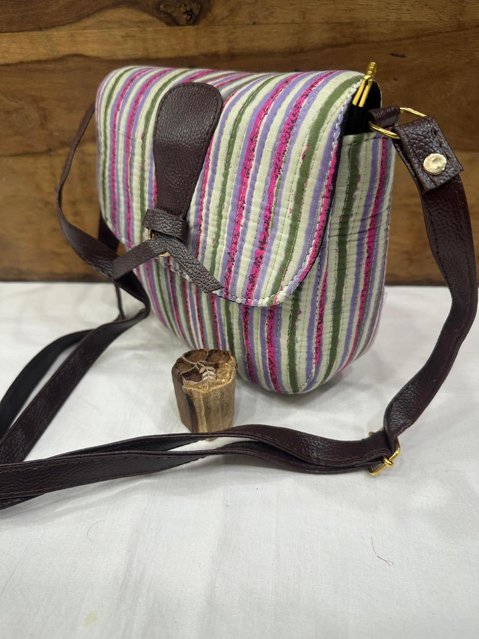 Jaipuri Hand Block Printed Sling Bag - Multicolor Pink Green Striped Pattern with Brown Trim