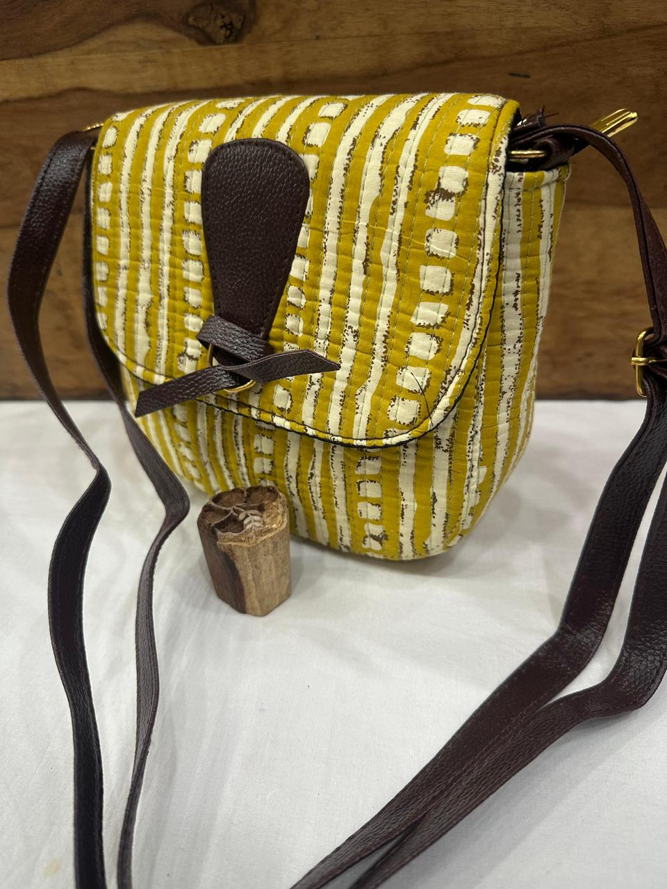 Jaipuri Hand Block Printed Sling Bag - Mustard Yellow White Geometric Pattern with Brown Trim