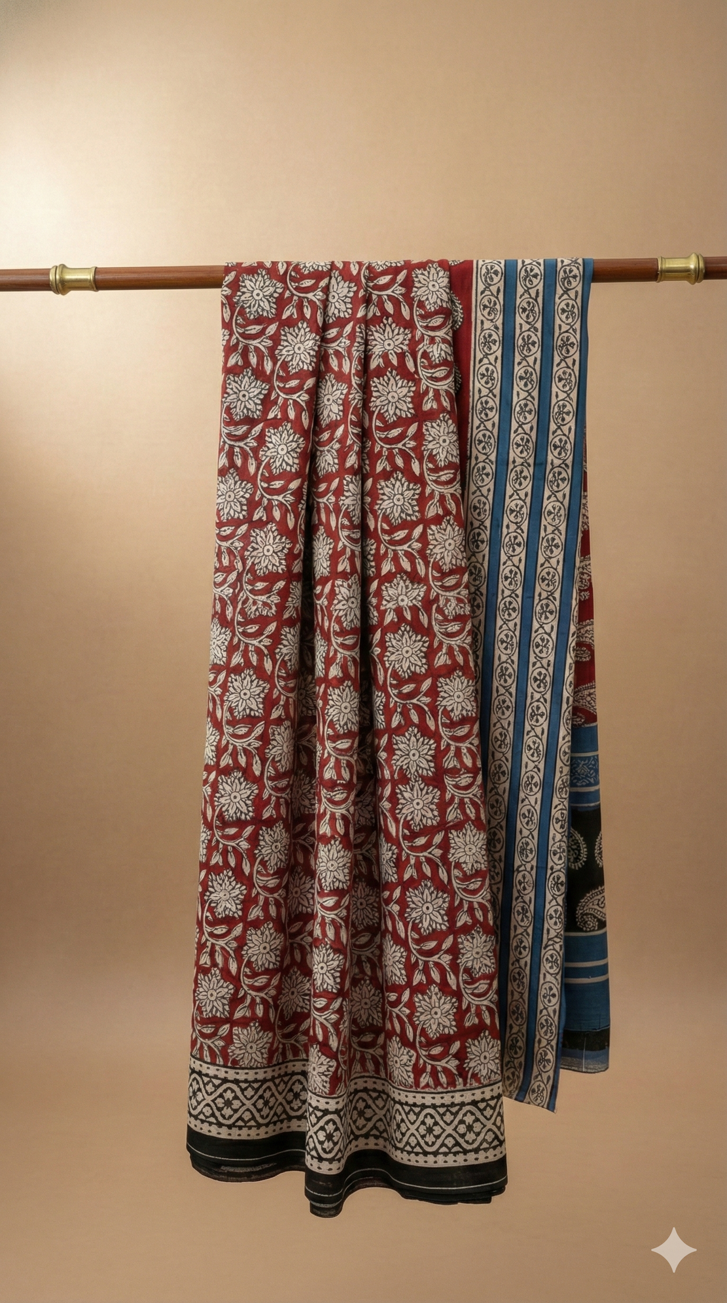 Maroon Hand Block Printed Cotton Saree with White Floral Paisley Pattern and Striped Pallu - Comes with Blouse