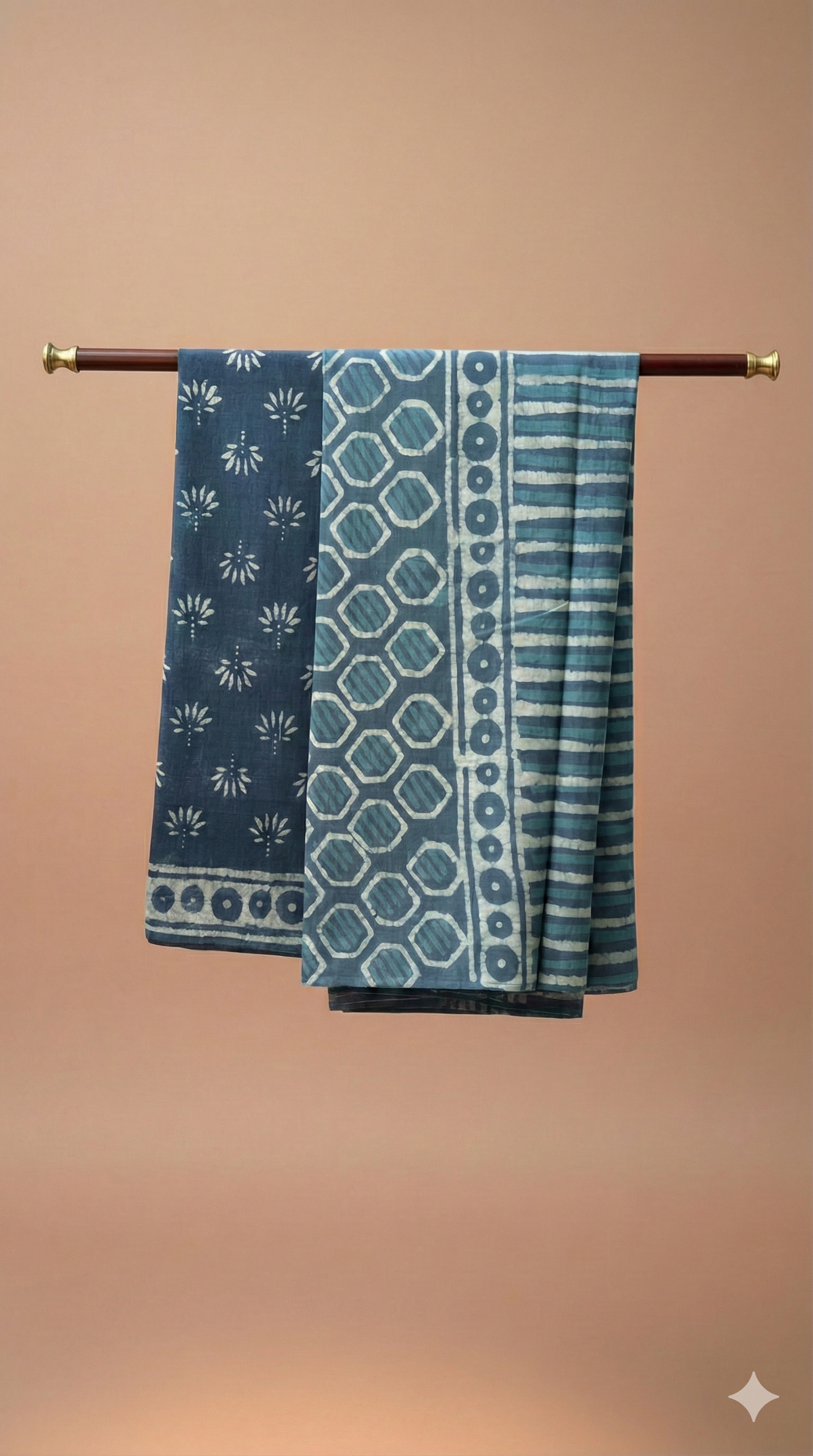 Navy Blue Hand Block Printed Cotton Saree with White Geometric and Hexagon Pattern - Comes with Blouse