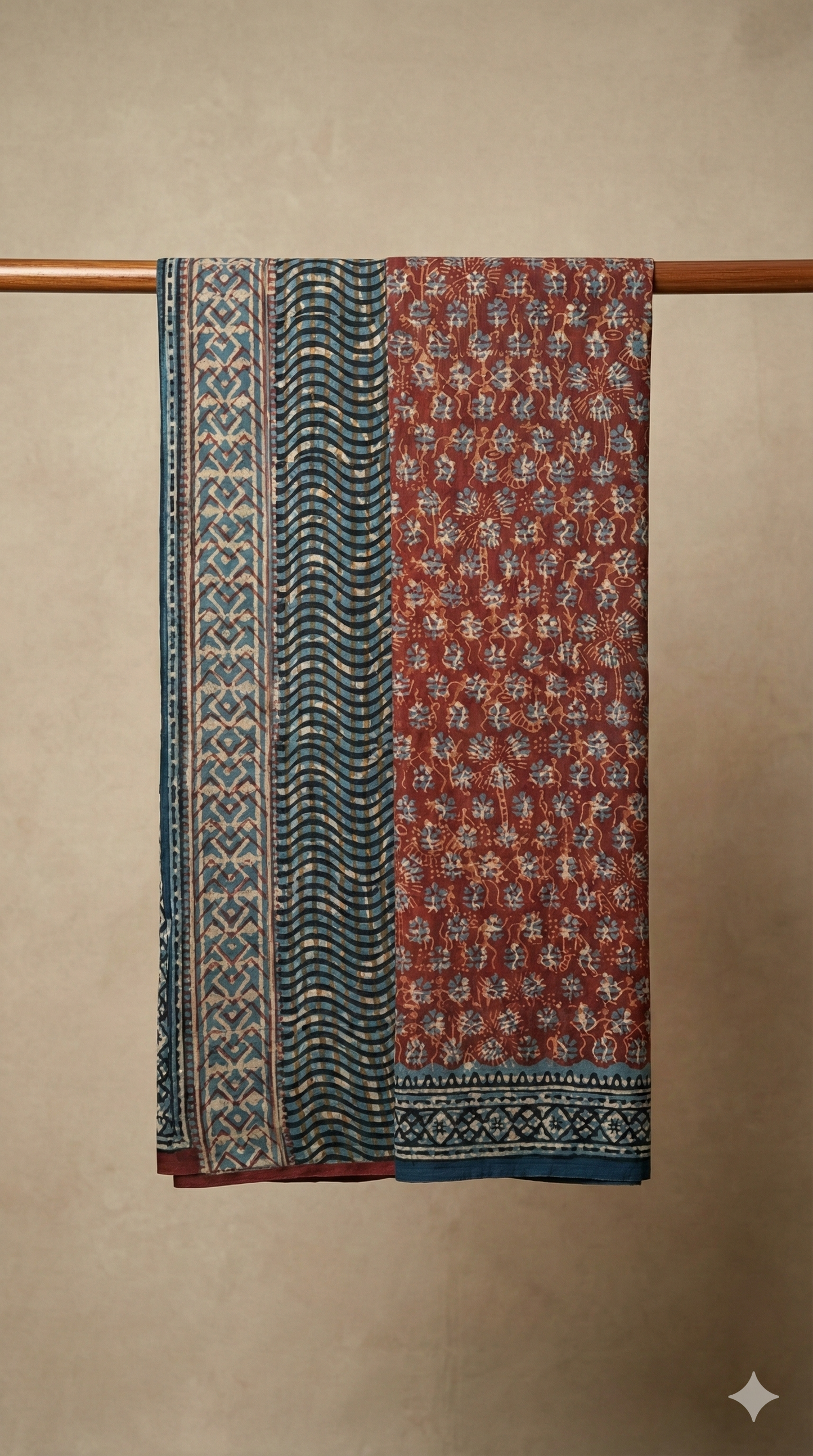 Rust Hand Block Printed Cotton Saree with Tribal Motifs and Multi-Color Geometric Border - Comes with Blouse