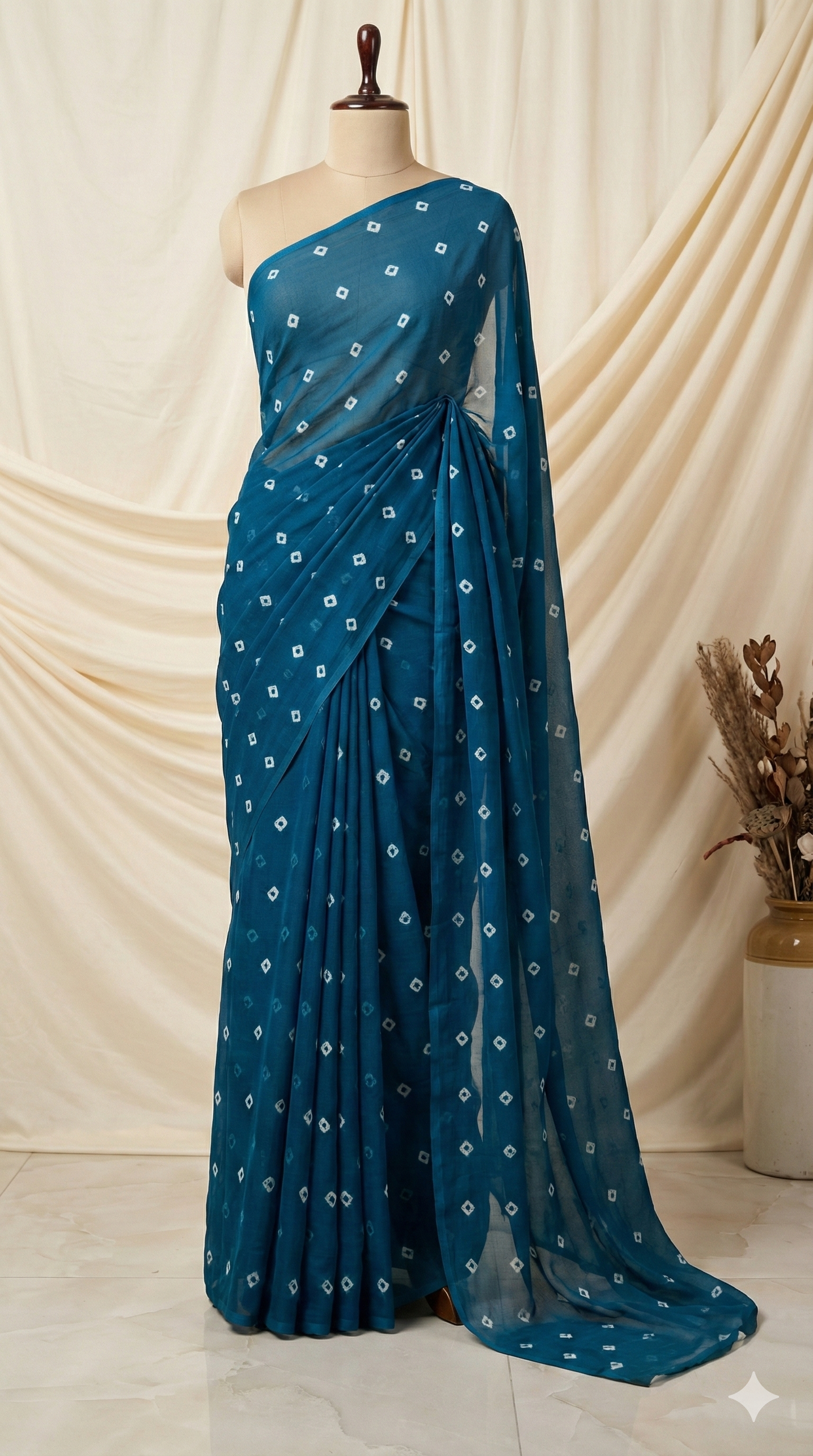 Blue Chiffon Saree with Diamond Print - Comes with Blouse
