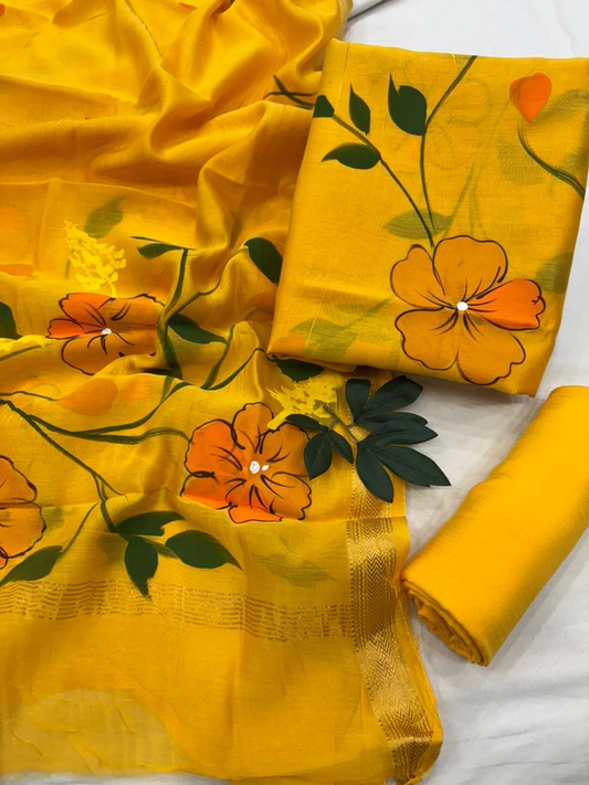 Bright Yellow Orange Floral Hand Painted Silk Suit Set with Gold Border