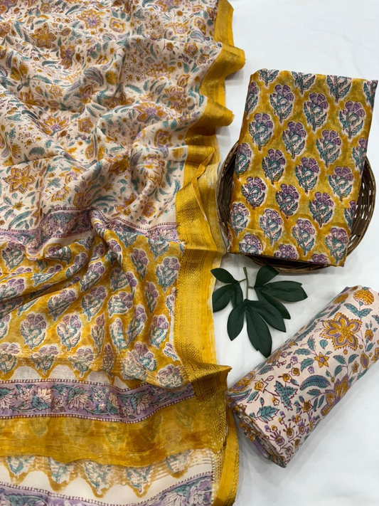 Chocolate Brown Floral Hand Block Printed Silk Suit Set with Gold Border