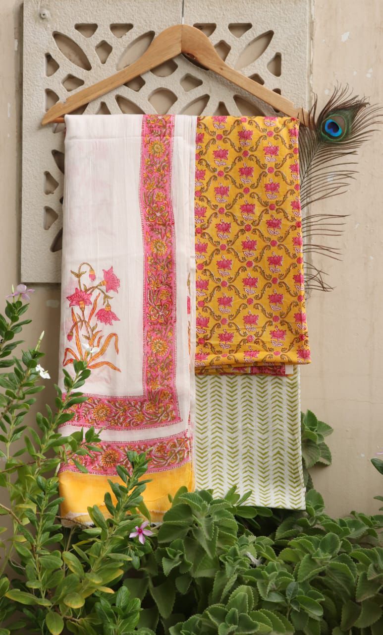 Pink Floral and Mustard Motif Hand Block Printed Cotton Suit with Dupatta