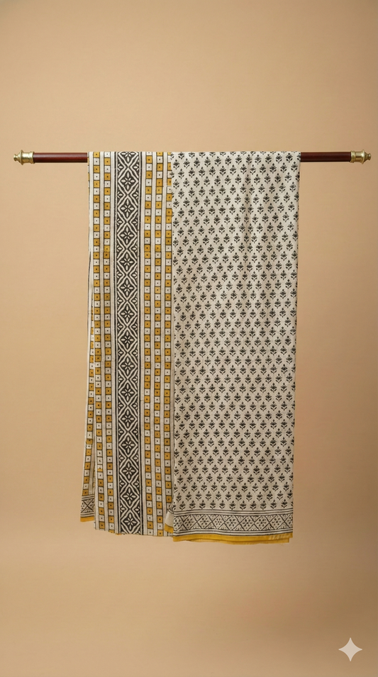 Cream Hand Block Printed Cotton Saree with Black Floral Motifs and Mustard Geometric Border - Comes with Blouse