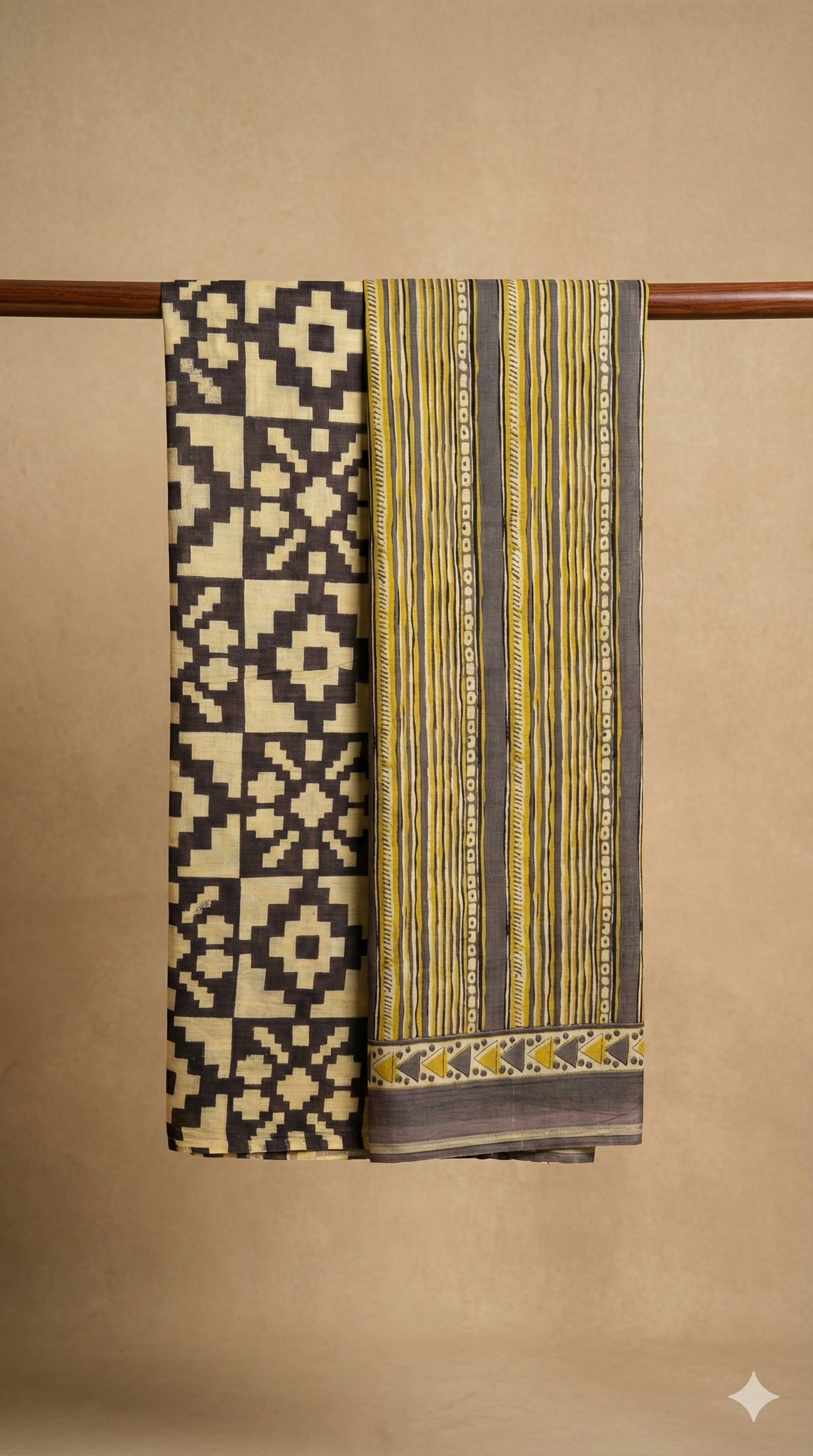 Cream Hand Block Printed Cotton Saree with Black Geometric Tribal Pattern and Striped Pallu - Comes with Blouse