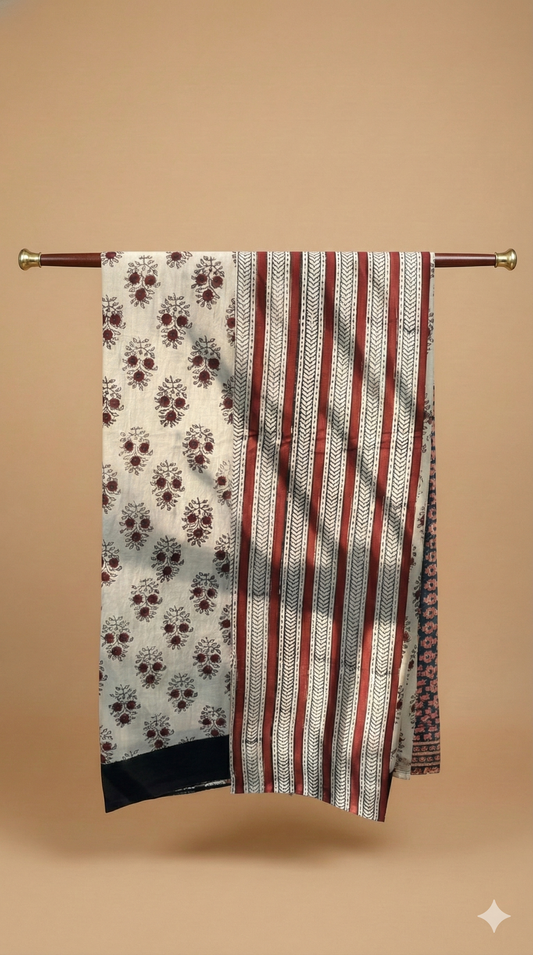 Cream Hand Block Printed Cotton Saree with Maroon Floral Pattern and Striped Chevron Pallu - Comes with Blouse