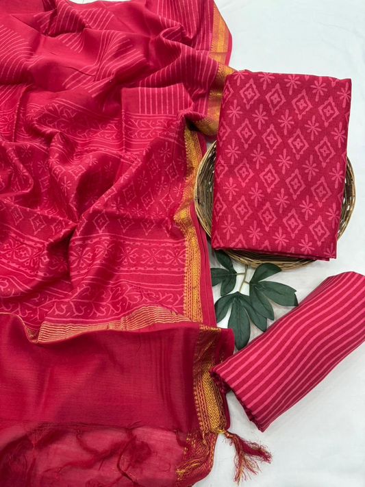 Crimson Red Floral Hand Block Printed Silk Suit Set with Gold Border Dupatta