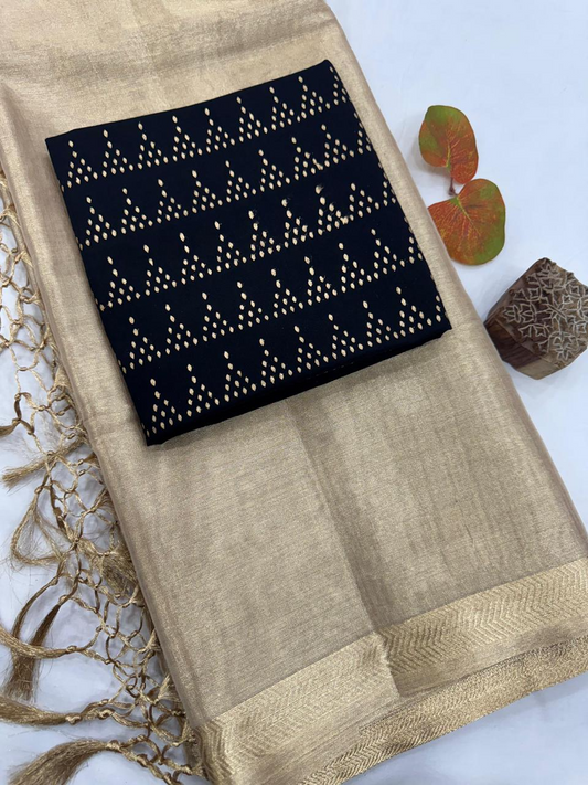 Elegant Golden Tissue Silk Saree with 2 Blouse Pieces - Matching Silk Blouse & Black Golden Zigzag Print Blouse