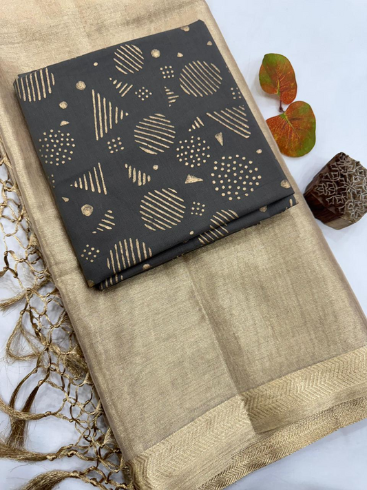 Elegant Golden Tissue Silk Saree with 2 Blouse Pieces - Matching Silk Blouse & Charcoal Gray Geometric Print Blouse