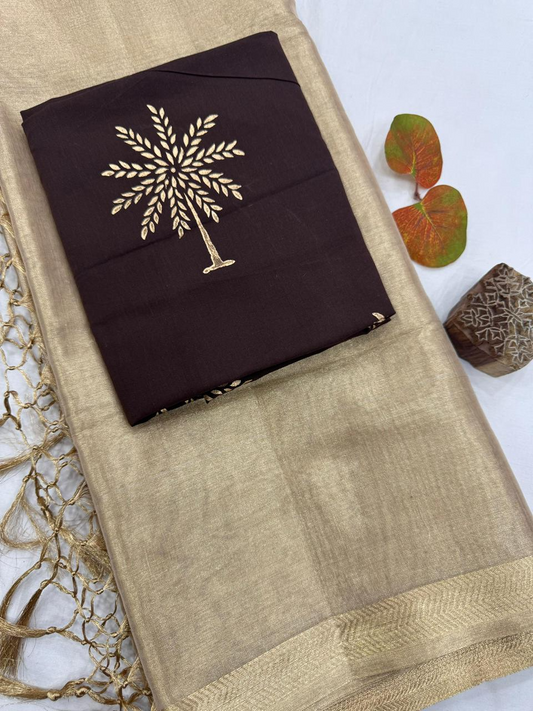Elegant Golden Tissue Silk Saree with 2 Blouse Pieces - Matching Silk Blouse & Dark Brown Tree Print Blouse