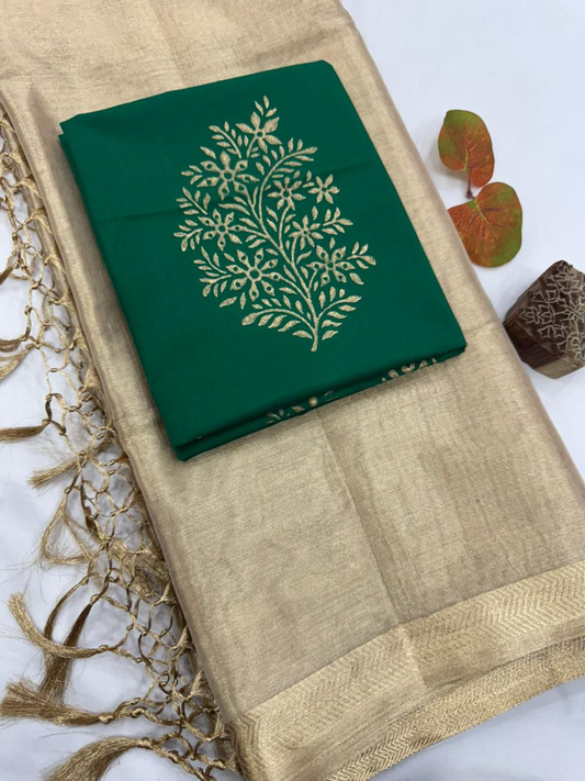 Elegant Golden Tissue Silk Saree with 2 Blouse Pieces - Matching Silk Blouse & Emerald Green Tree Print Blouse