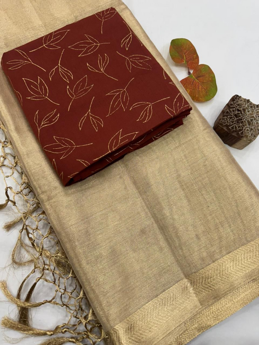Elegant Golden Tissue Silk Saree with 2 Blouse Pieces - Matching Silk Blouse & Maroon Leaf Print Blouse
