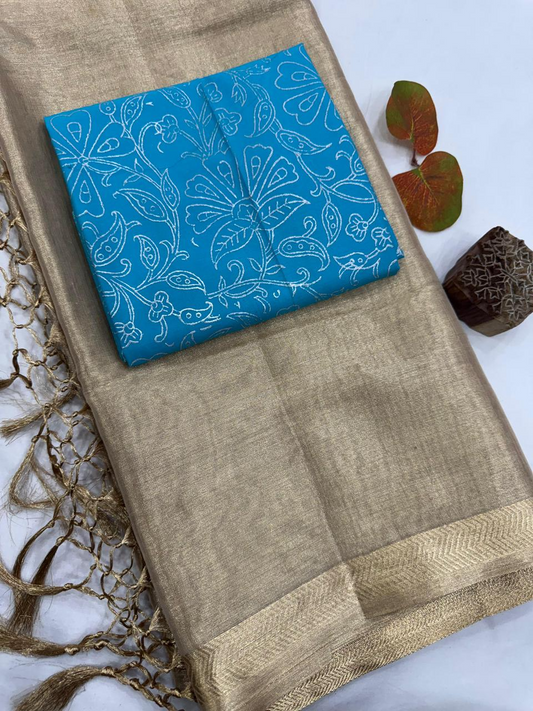 Elegant Golden Tissue Silk Saree with 2 Blouse Pieces - Matching Silk Blouse & Turquoise Blue Floral Print Blouse