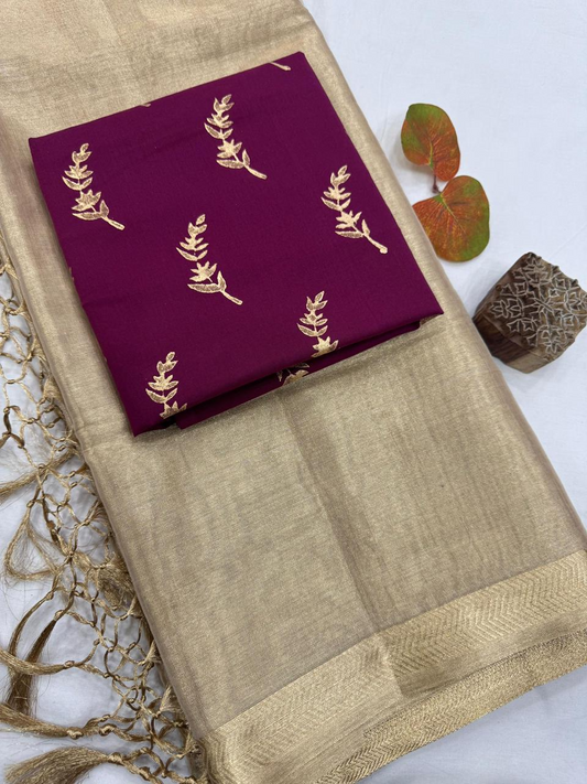 Elegant Golden Tissue Silk Saree with 2 Blouse Pieces - Matching Silk Blouse & Wine Fern Print Blouse