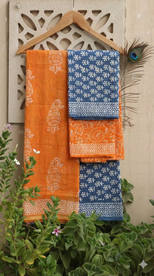 Orange Hand Block Printed Cotton Suit Set with Kota Doriya Dupatta in Floral and Paisley Pattern