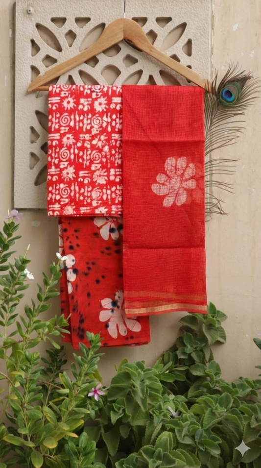 Red Hand Block Printed Cotton Suit Set with Kota Doriya Dupatta in Floral Pattern