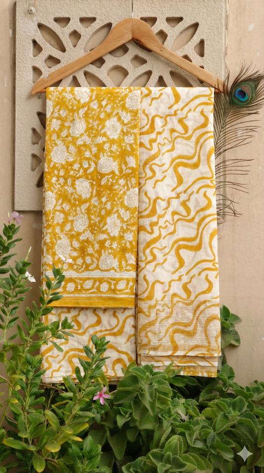 Mustard Yellow Hand Block Printed Cotton Suit Set with Kota Doriya Dupatta in Floral and Wave Pattern
