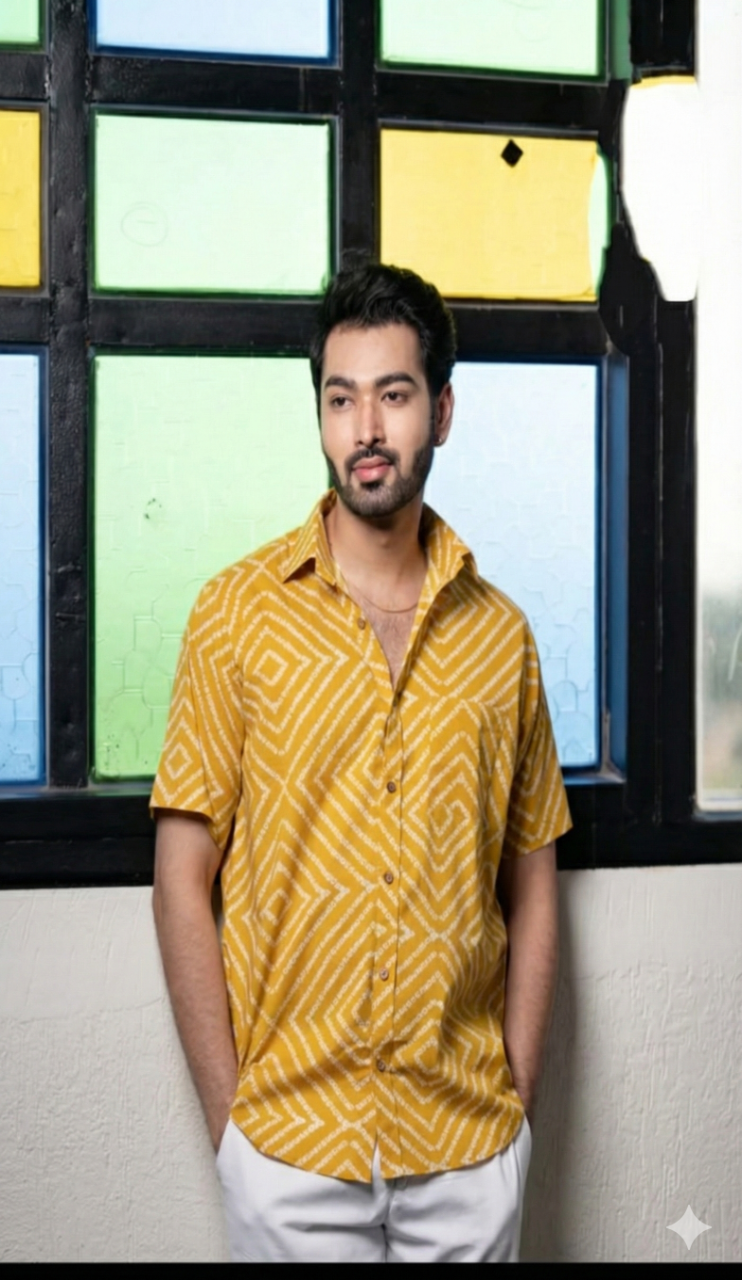 Mustard Geometric Hand Block Printed Cotton Shirt