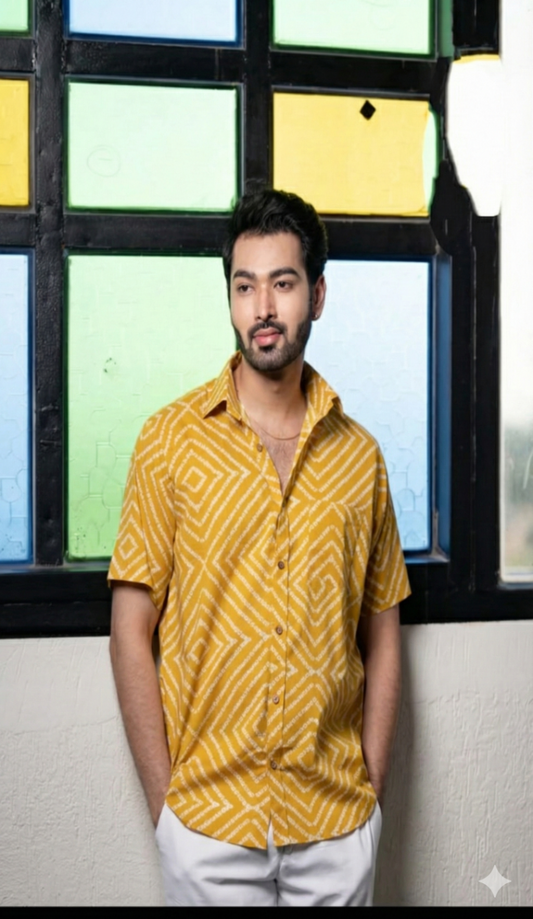 Mustard Geometric Hand Block Printed Cotton Shirt