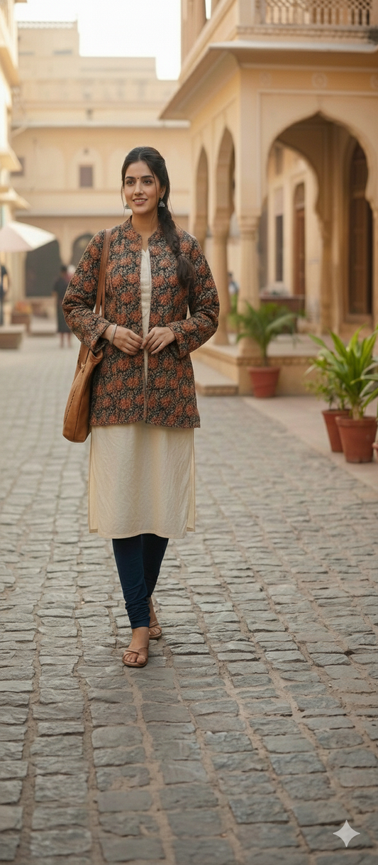 Black Floral Hand Block Printed Reversible Cotton Jacket