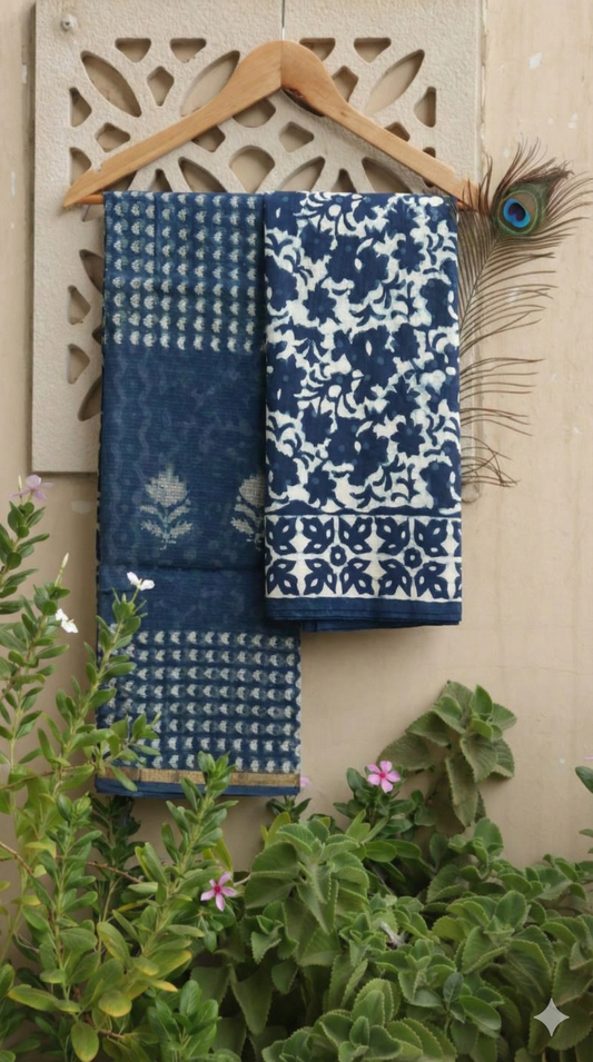 Indigo Blue Hand Block Printed Cotton Suit Set with Kota Doriya Dupatta in Floral and Geometric Pattern
