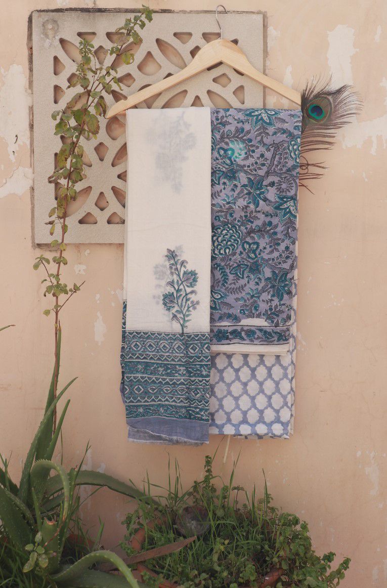 Teal Floral with Indigo Mosaic Hand Block Printed Cotton Suit with Dupatta