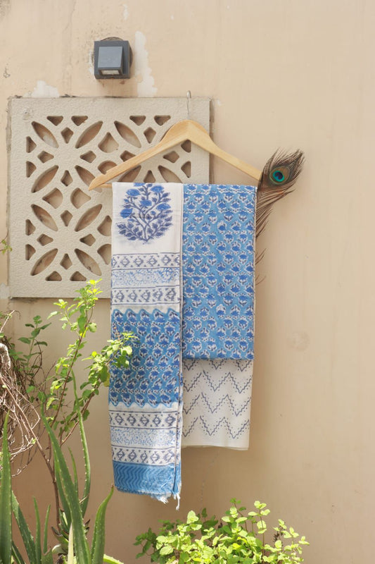 Sky Blue Floral and Indigo Geometric Hand Block Printed Cotton Suit with Dupatta