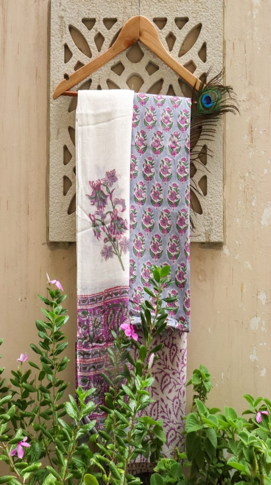 Purple Floral and Lavender Paisley Hand Block Printed Cotton Suit with Dupatta