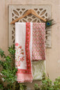 Scarlet Blossom and Peach Floral Hand Block Printed Cotton Suit with Dupatta