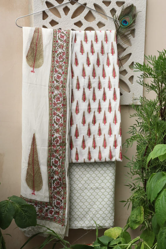 Olive Botanical and Maroon Mosaic Hand Block Printed Cotton Suit with Dupatta