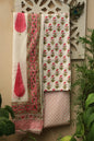 Rose Motif and Pink Trellis Hand Block Printed Cotton Suit with Dupatta