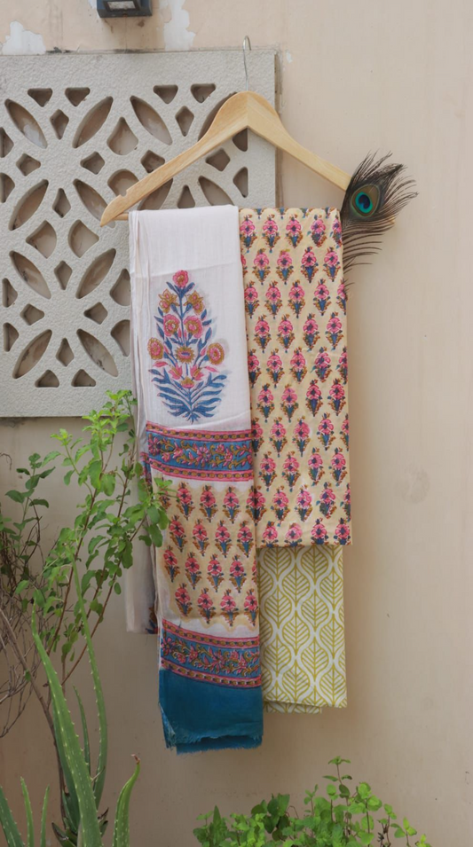 Floral Bouquet and Peach Hand Block Printed Cotton Suit with Dupatta