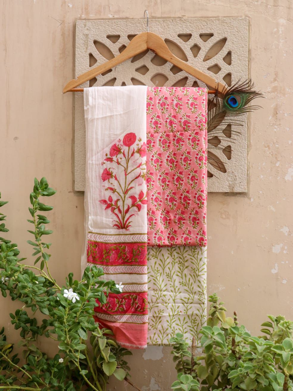 Coral Garden and Pink Accents Hand Block Printed Cotton Suit with Dupatta