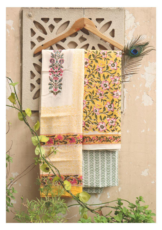 Yellow Blossom and Cream Botanical Hand Block Printed Cotton Suit with Dupatta