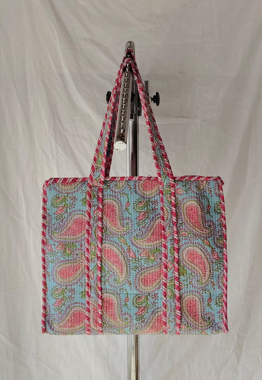 Blossom Paisley Blue Handmade Quilted Tote Bag