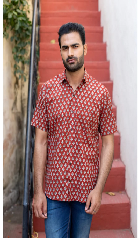 Red Floral Hand Block Printed Cotton Shirt