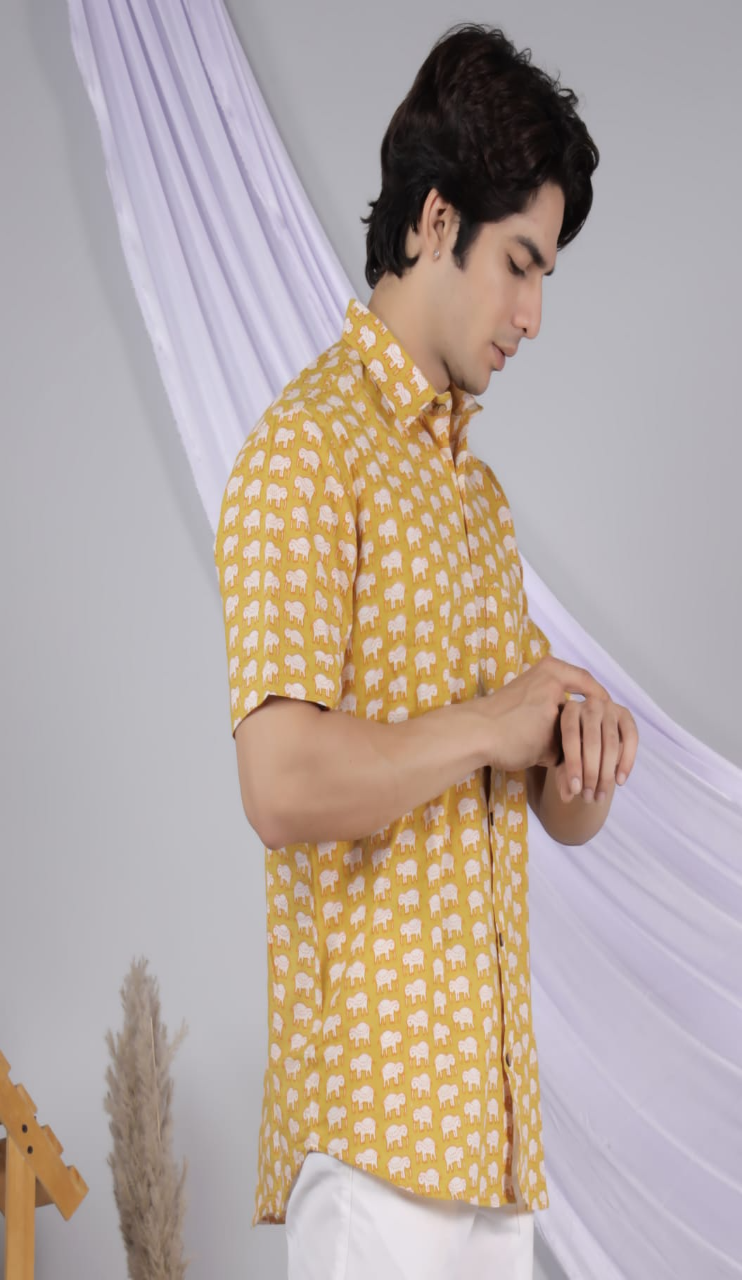 Mustard Elephant Hand Block Printed Cotton Shirt