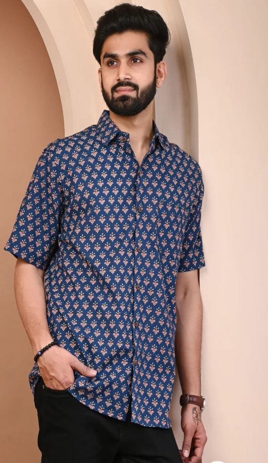 Navy Blue Floral Hand Block Printed Cotton Shirt
